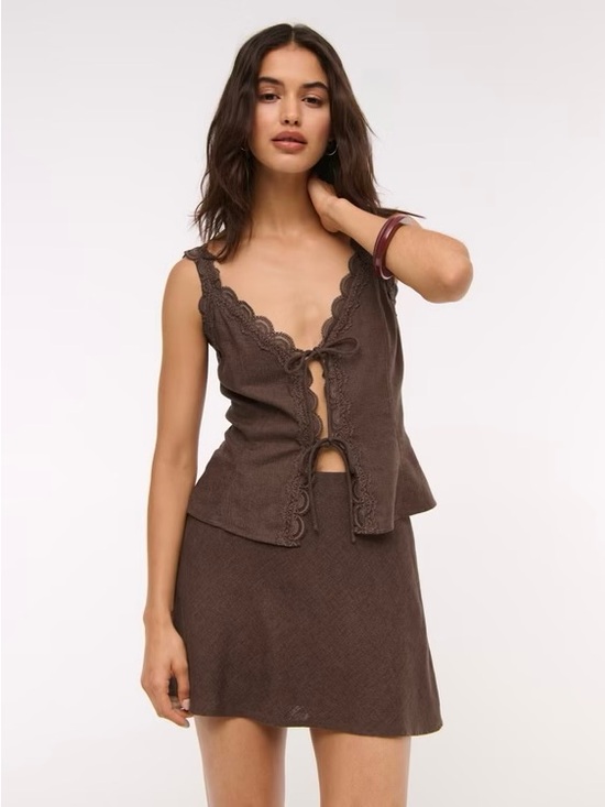 Abercrombie & Fitch Tops - Abercrombie & Fitch Lace Trim Tie Front Top Tank Linen Blend Brown Sz XL NWT New